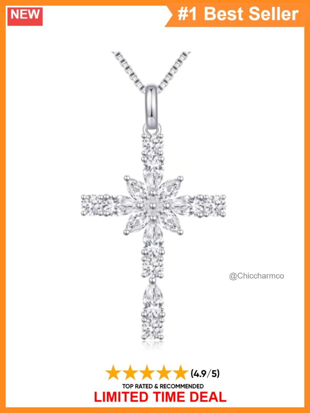 925 Sterling Silver Cross Necklace with Cubic Zirconia 18 Inch